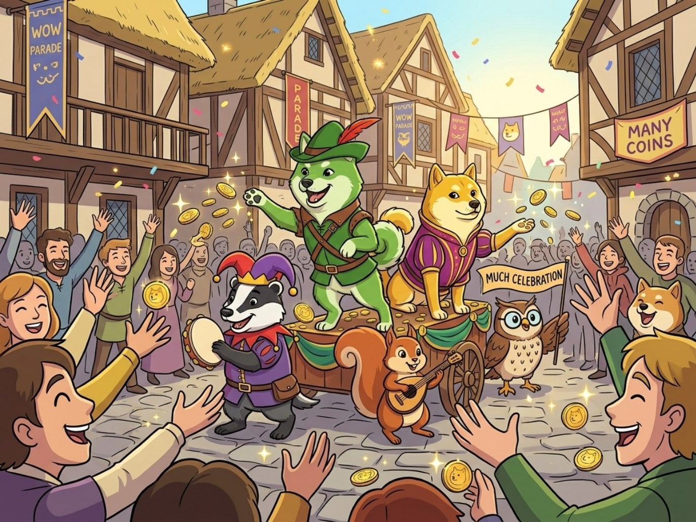 ROGE riding a parade cart through a cheering village, throwing coins